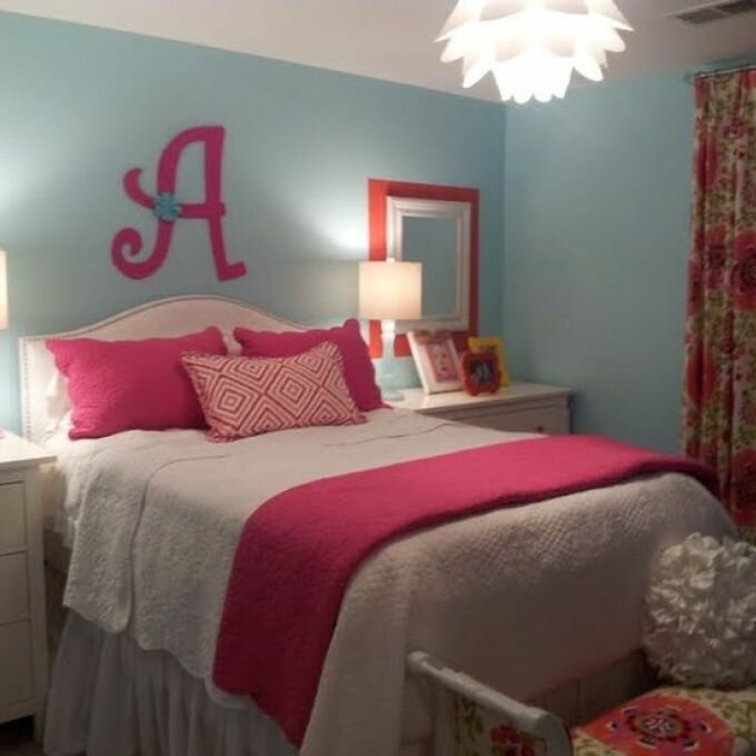 Teen Girls Bedroom: Orange, Pink, Blue Sources: Dressers Ikea Mirrors Home Depot Bedding