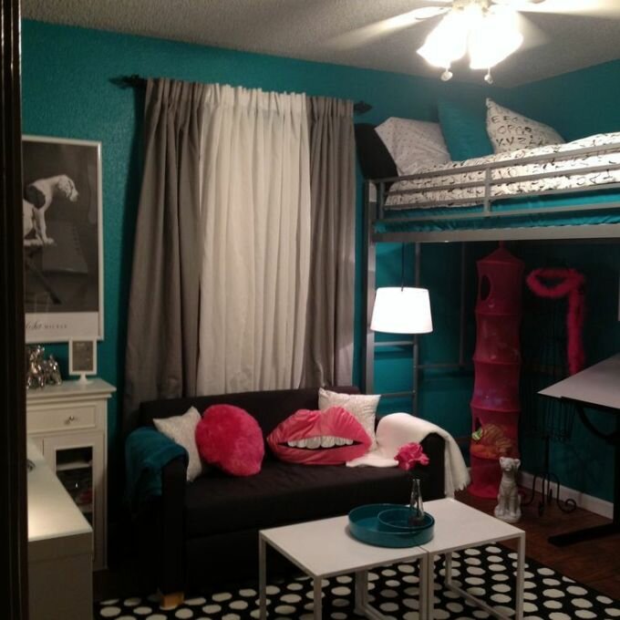 Teen Room, Tween Room, Bedroom Idea, Loft Bed, Black And White, Teal, Turquoise, Hot Pink