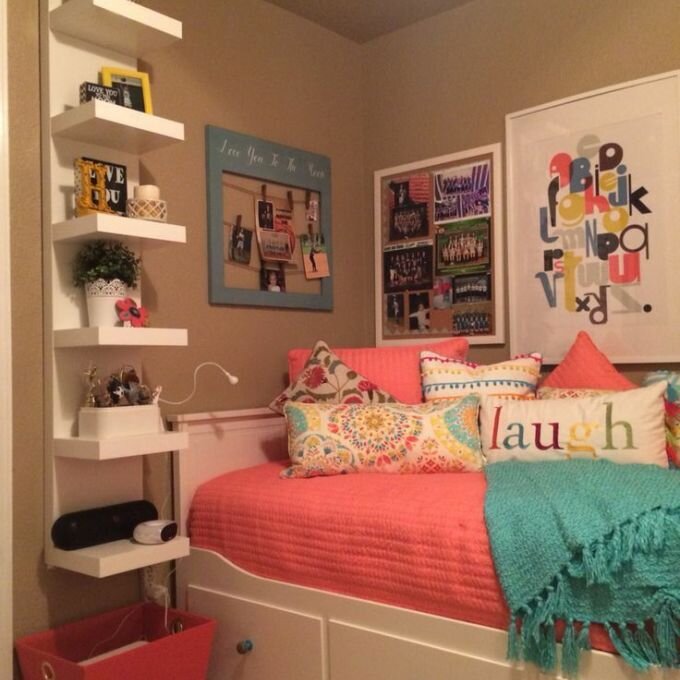 Teenage Daughter's Complete Small Coral And Teal Bedroom